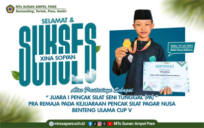 SISWA MTS SUNAN AMPEL PARE RAIH JUARA 1 LOMBA PENCAK SILAT SENI TUNGGAL PADA KEJUARAAN PENCAK SILAT PAGAR NUSA BENTENG ULAMA CUP V